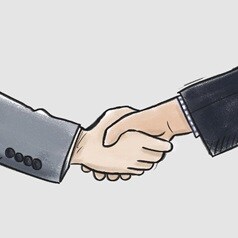 Illustration of two hands shaking, one with a grey sleeve one with a black sleeve