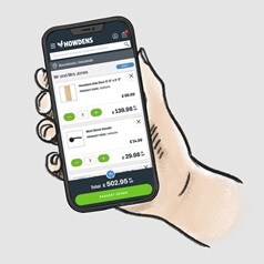 Illustration of a hand holding a phone, with an order of 2 Oak doors and 2 black door handles on the screen